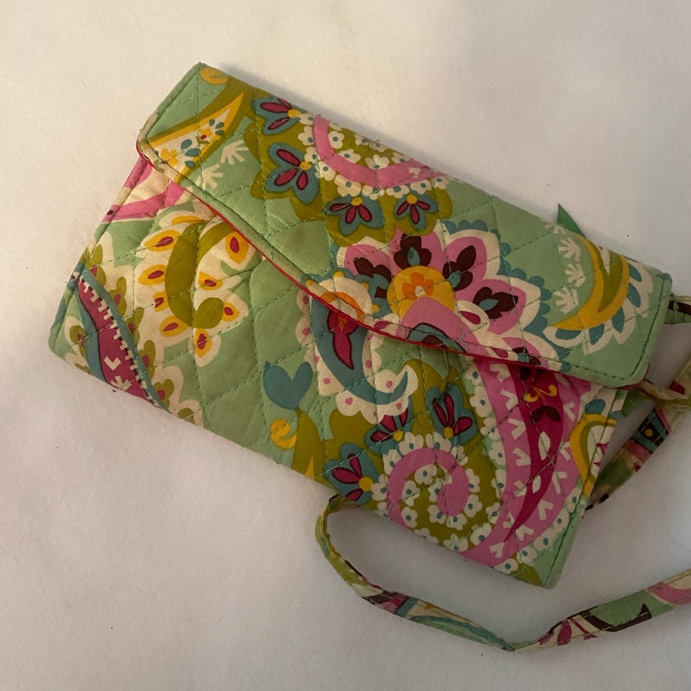 Vera Bradley Crossbody Wallet Womens Small Green Pink Excellent‎ Island Blooms
